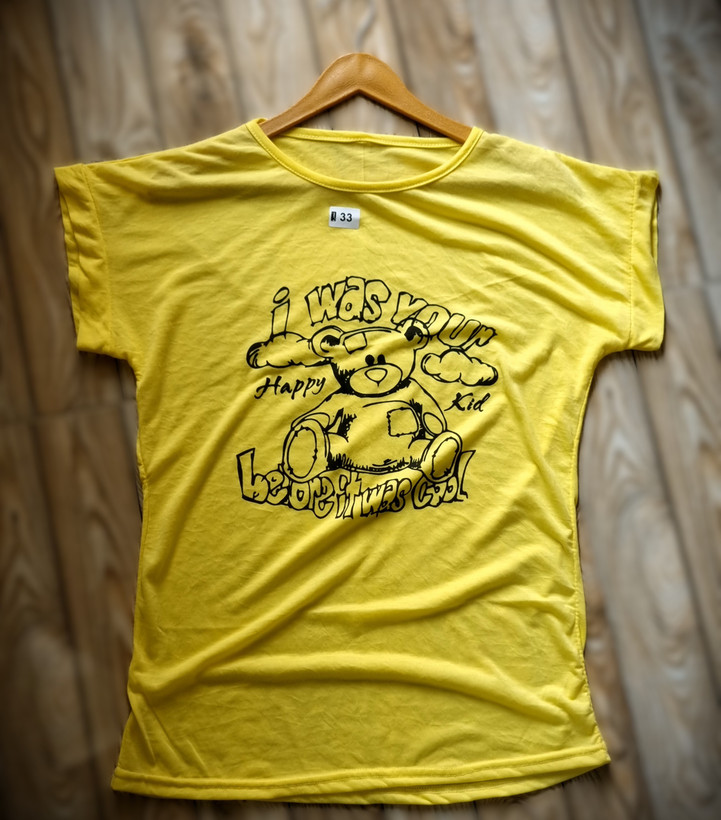 تیشرت زنانه ویسکوز زرد چاپ خرس و متن